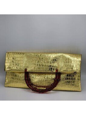 Vintage 80s 90s Mob Wife Gold Crocodile Handbag/Tote with Lucite Handles